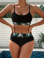 Bikini 3 Piece Tropical Print Swimsuit Set – High Stretch Comfortable Women's Bikini with Crew Neck Mesh Cover-Up – Chic Vacation Beachwear for Summer Casual Style & Poolside Glamour Stevvex