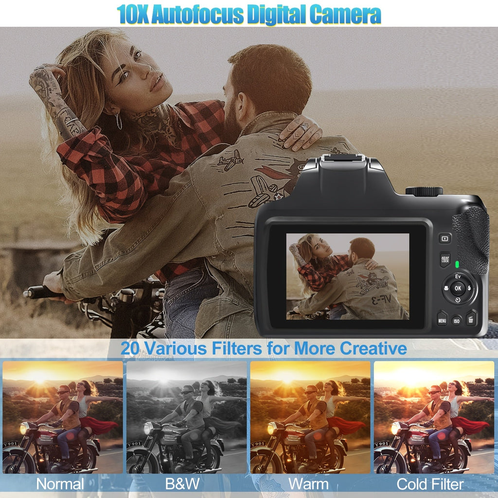 4K Digital Camera for Photography, 10x Zoom YouTube Vlogging Camera, 64MP Auto Focus Compact Camera with 64GB SD Card, Battery, USB Reader & Charging Stand