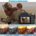 4K Digital Camera for Photography, 10x Zoom YouTube Vlogging Camera, 64MP Auto Focus Compact Camera with 64GB SD Card, Battery, USB Reader & Charging Stand