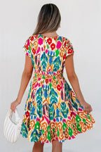 Sky Blue Abstract Print V Neck Dolman Sleeve Ruffle Tiered Mini Dress