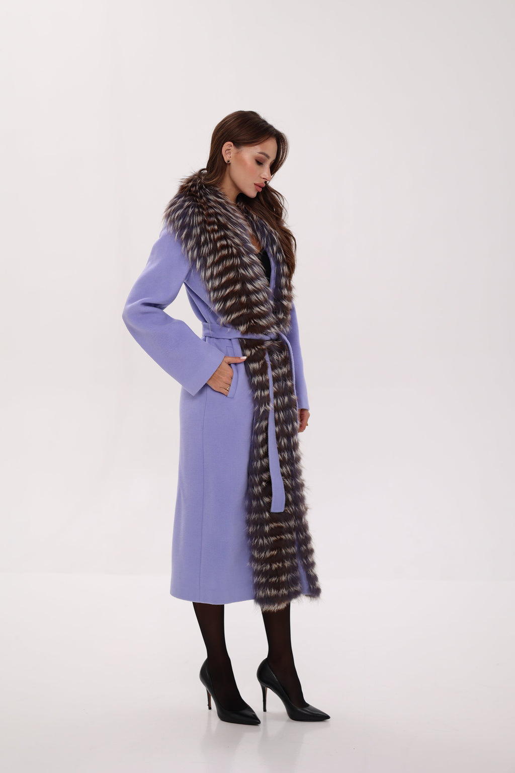 Genuine Silver Fox Virgin Wool Wrap Coat in Lavender - SJB-DIAMOND ELITES
