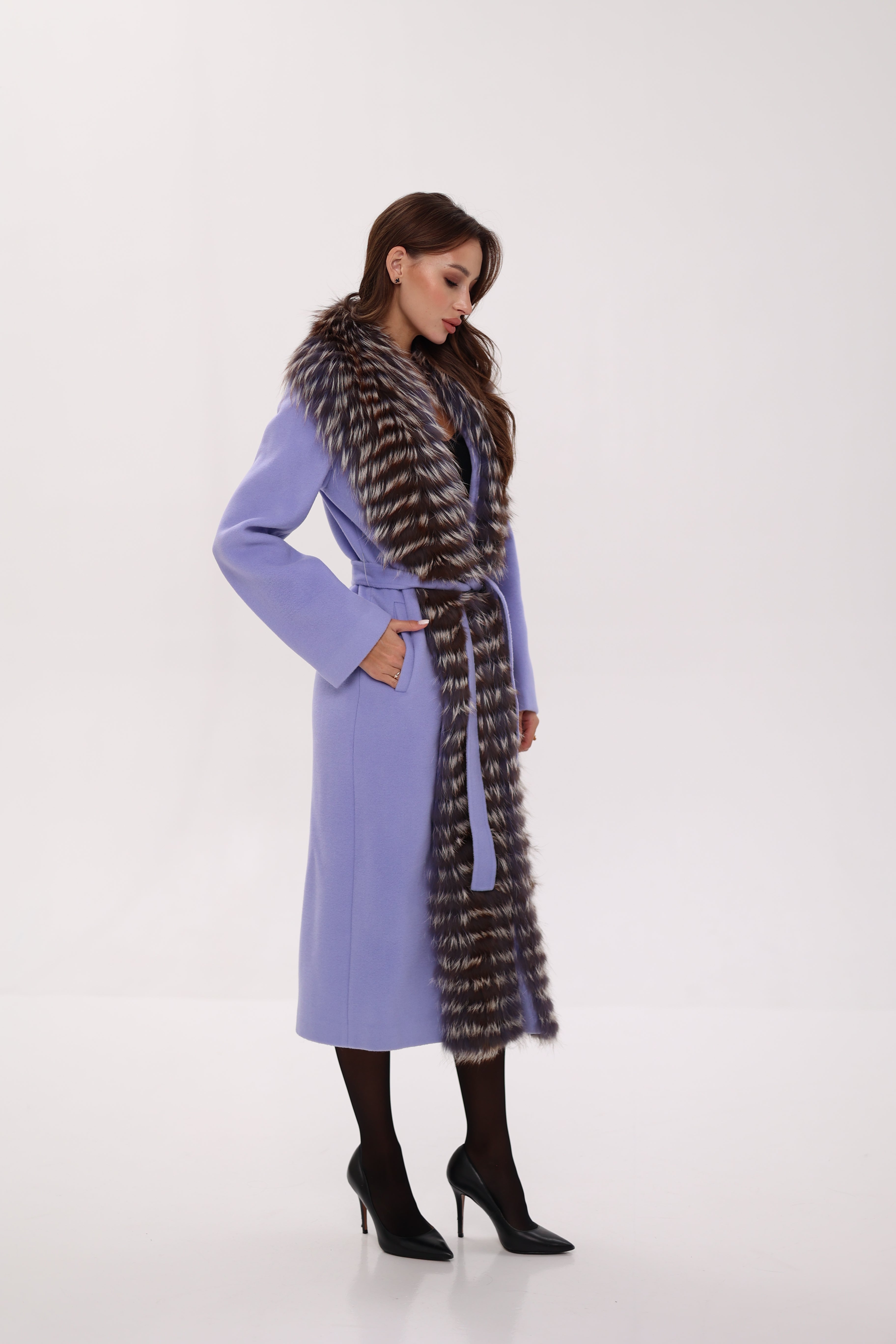 Genuine Silver Fox Virgin Wool Wrap Coat in Lavender - SJB-DIAMOND ELITES