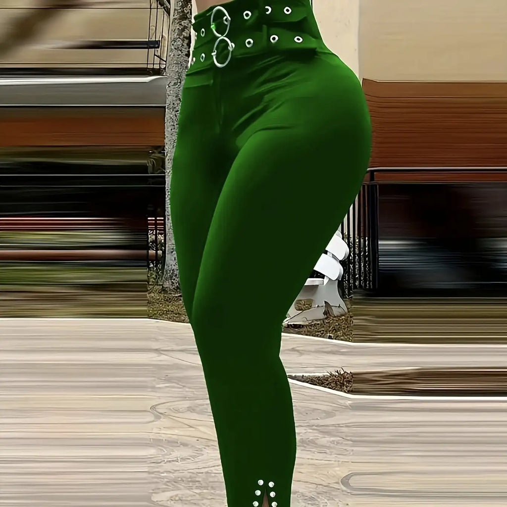 Ladies' Buckle And High Waisted Perforated Pants Sexy Slim Fit Pants Sexy Versatile New Clothes - SJB-DIAMOND ELITES
