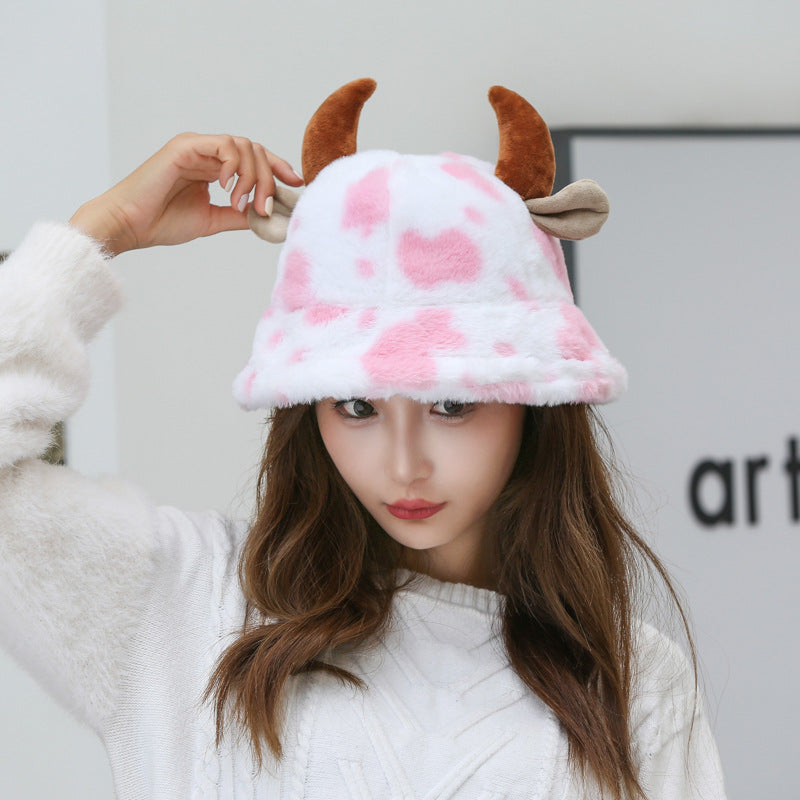 Cow Pattern Fisherman Hat With Cute Horn Winter Fashion Thickened Warm Plush Hat For Women Pi-Mart