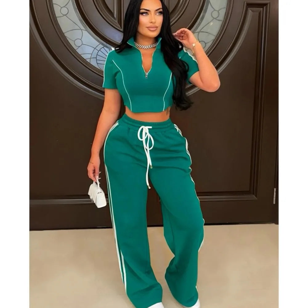 Fashion Casual Short Hoodie 2 Piece Women Summer Zipper Top Short Sleeved Sports T Shirt Stripe Splicing Long Pants Female Suit Purplish Diva