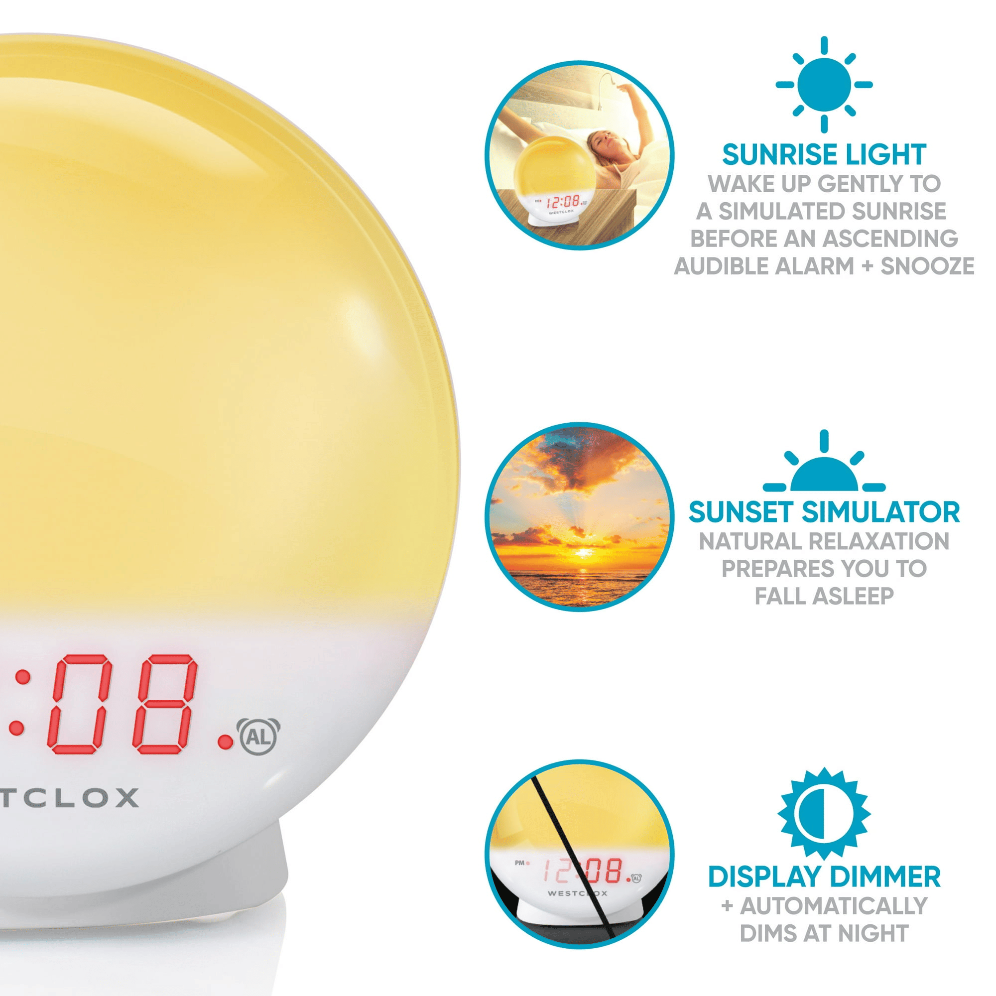 Westclox 5" White Electric Sunrise Simulator Alarm Clock with Digital LED Display and Dimmable Nightlight
