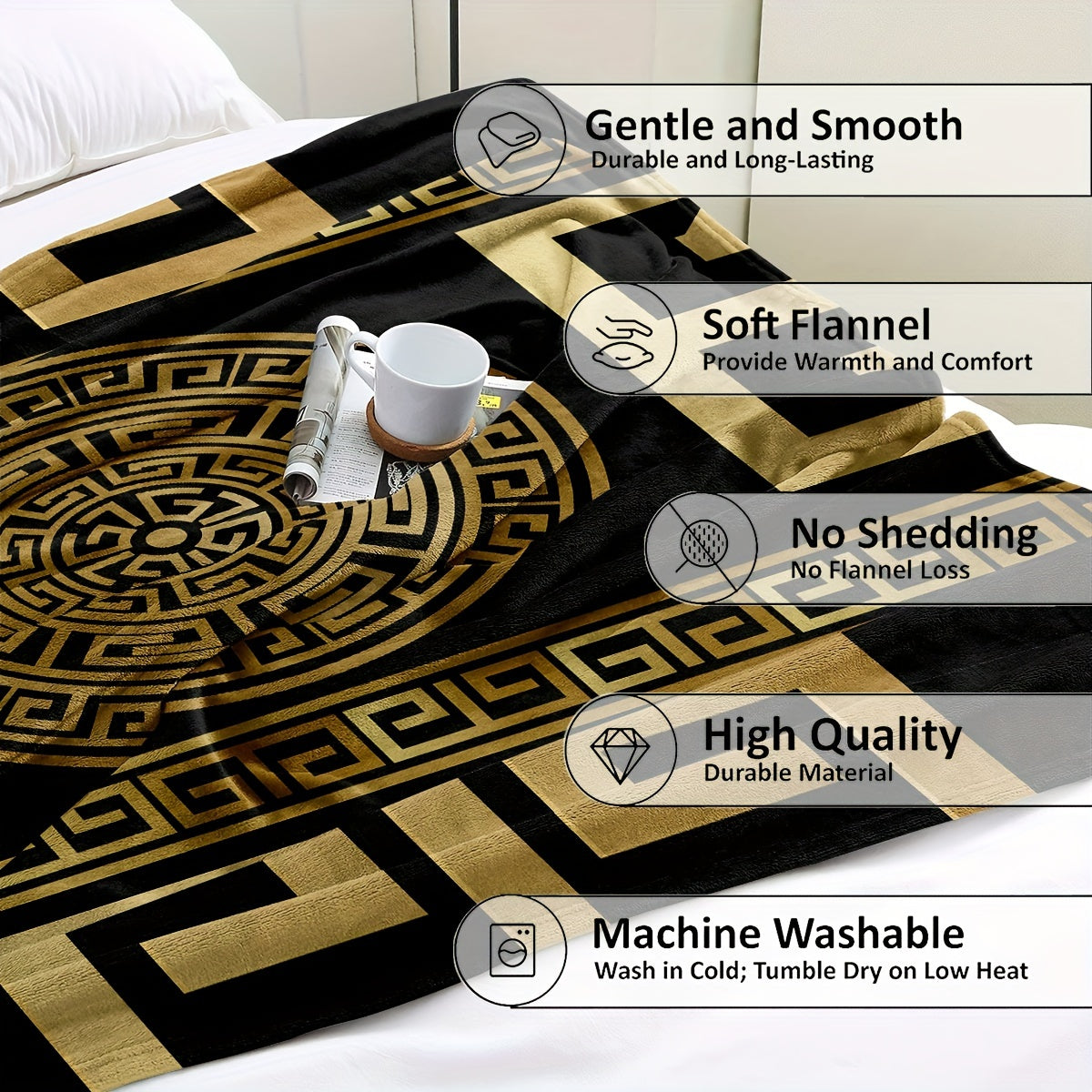 Glam Style Digital Print Flannel Throw Blanket – Hypoallergenic Woven Polyester Cover, All Seasons Multipurpose Bedding with Greek Key Design – No Embellishment, 200-250g Square Weight Lootquake LLC