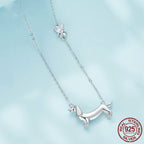 Sterling Silver Ornament S925 White Gold Plated Cute Sausage Dog Necklace Pi-Mart