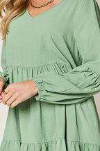 Light Green Double Take Full Size V-Neck Sleeve Tiered Dress with Pockets Elegant & Comfortable Casual Dress Stevvex