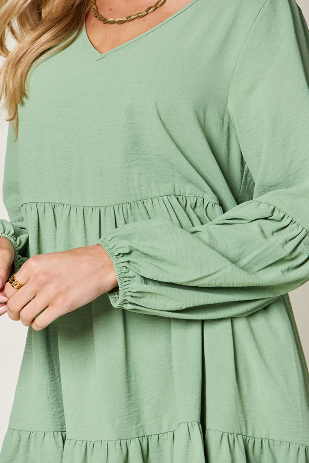 Light Green Double Take Full Size V-Neck Sleeve Tiered Dress with Pockets Elegant & Comfortable Casual Dress Stevvex