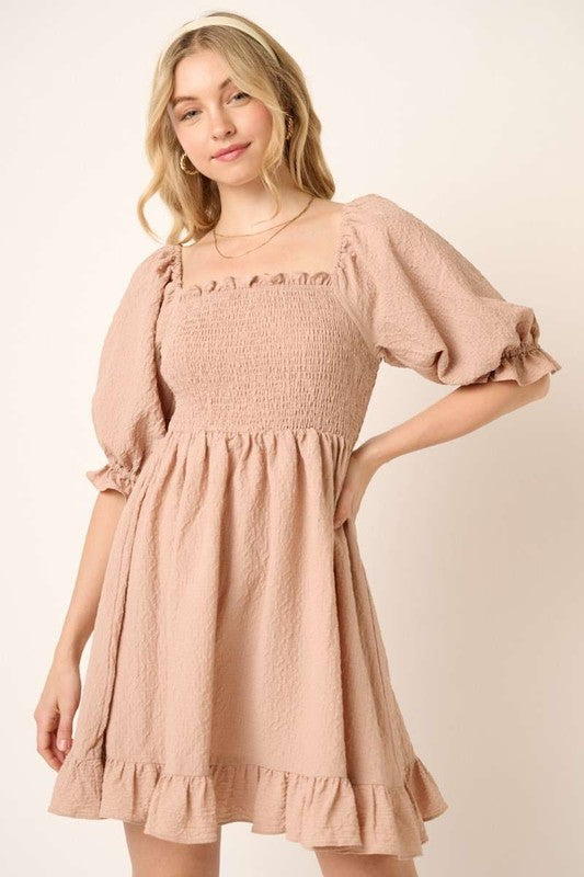 Smocked Ruffled Hem Half Sleeve Mini Dress, Cute, Elegant, Charming and Comfortable Mini Dress with Smocked Bodice and Whimsical Ruffled Hem Stevvex