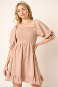 Smocked Ruffled Hem Half Sleeve Mini Dress, Cute, Elegant, Charming and Comfortable Mini Dress with Smocked Bodice and Whimsical Ruffled Hem Stevvex