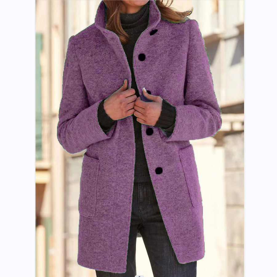Fashion Stand Collar Woolen Coat With Pockets Fall Winter Casual Button Outwear For Women Clothing Pi-Mart