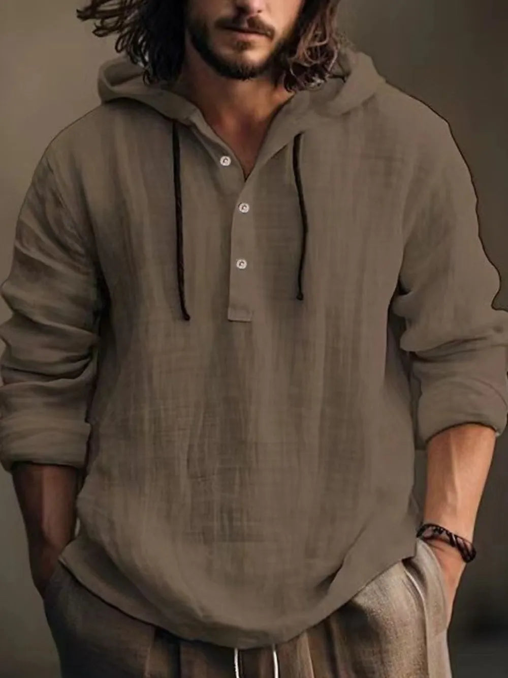 Men's Full Size Half Button Long Sleeve Hoodie THRIXINE