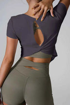 Cutout Round Neck Short Sleeve Active T-Shirt THRIXINE