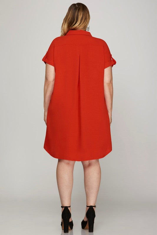 Deep Red Full Size Button-Down Short Sleeve Shirt Dress Plus Size Casual Women Simple Home Dress Stevvex