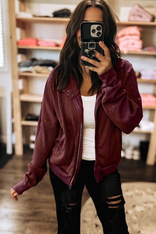 Waffle Zip Up Snap Button Hooded Jacket THRIXINE