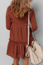 Straw Yellow Ribbed Frilled Trim High Waist Long Sleeve Mini Dress
