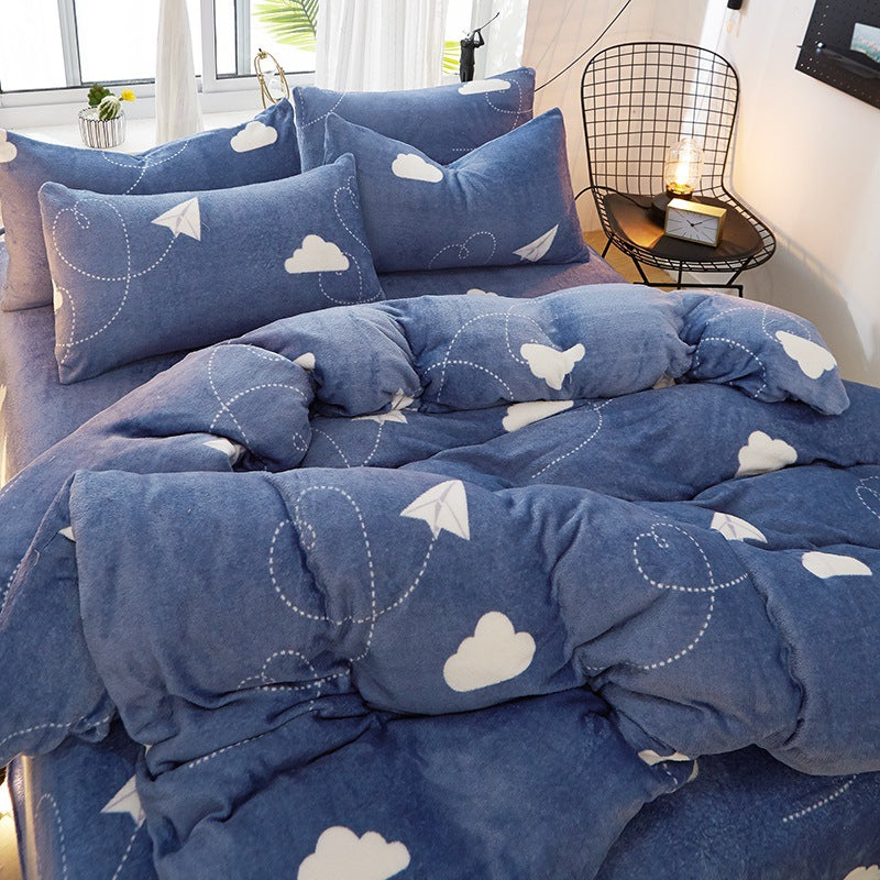 Flannel Bed Sheet Cover, Quilt Cover, Pillowcase And Bedding Set Of 4 Pi-Mart