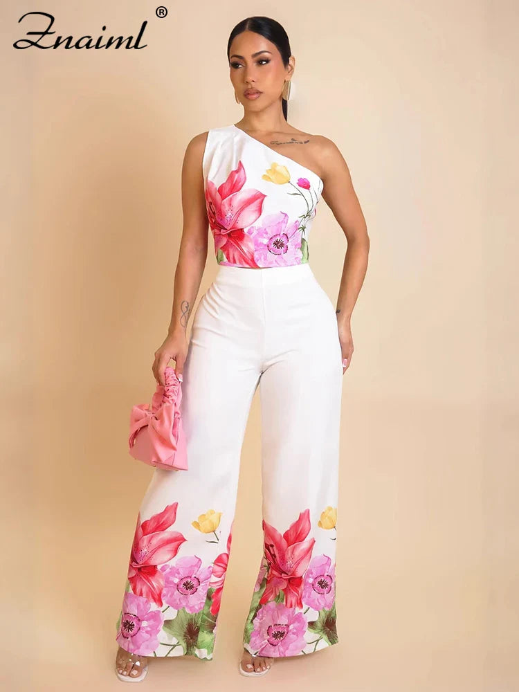Znaiml Flower Print 2 Piece Pant Set Women Skew Collar Crop Tops and Wide Leg Pants Casual Summer Vacation Party Outfits 2025 Purplish Diva