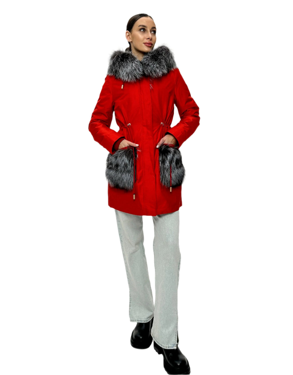 Roma Genuine Silver Fox Fur Rabbit Fur Insulated Parka in Red Alaska® Outerwear Company