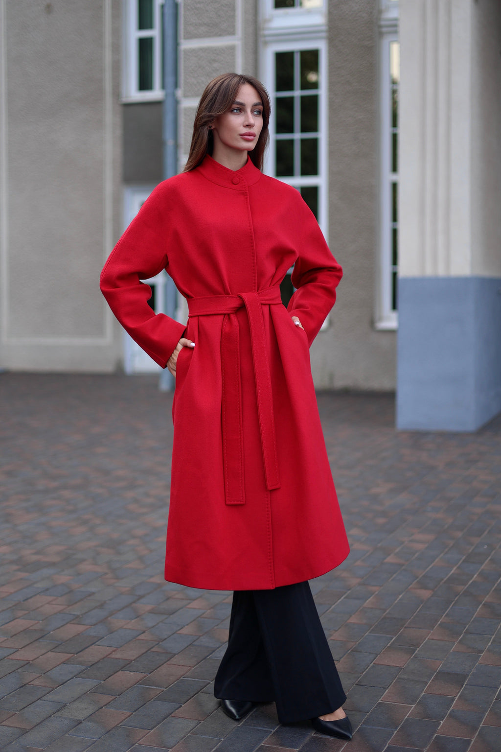Band Collar Wool Blend Coat in Autumn Red - SJB-DIAMOND ELITES