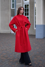 Band Collar Wool Blend Coat in Autumn Red - SJB-DIAMOND ELITES