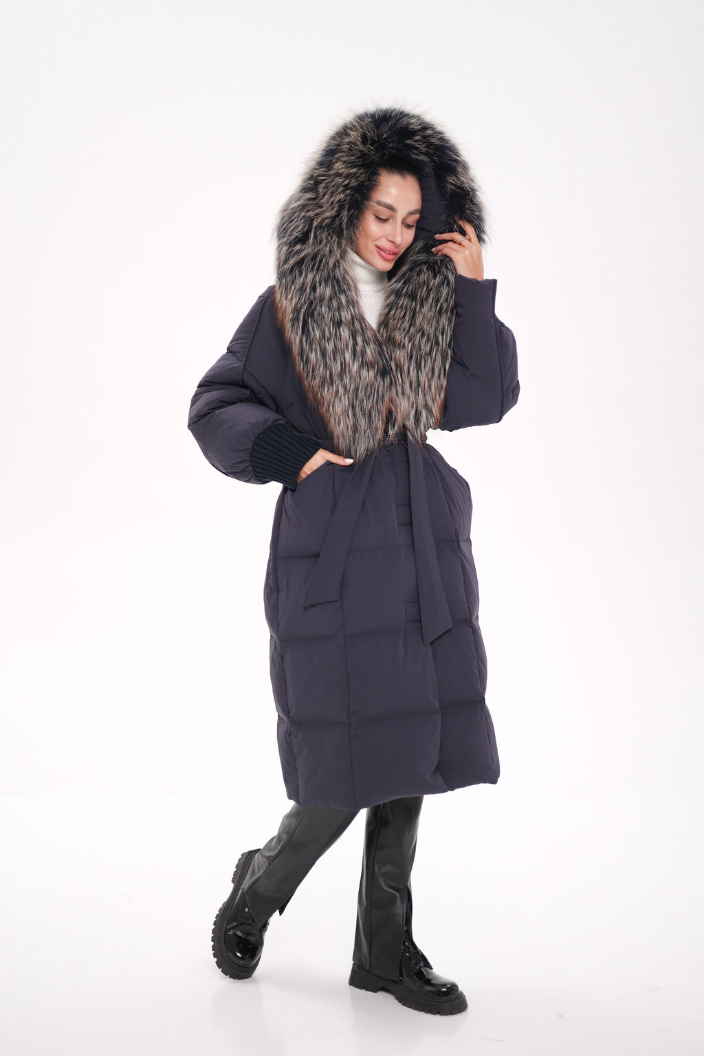 Rei Genuine Fur Trim Hooded Down Coat in Navy - SJB-DIAMOND ELITES
