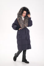 Rei Genuine Fur Trim Hooded Down Coat in Navy - SJB-DIAMOND ELITES