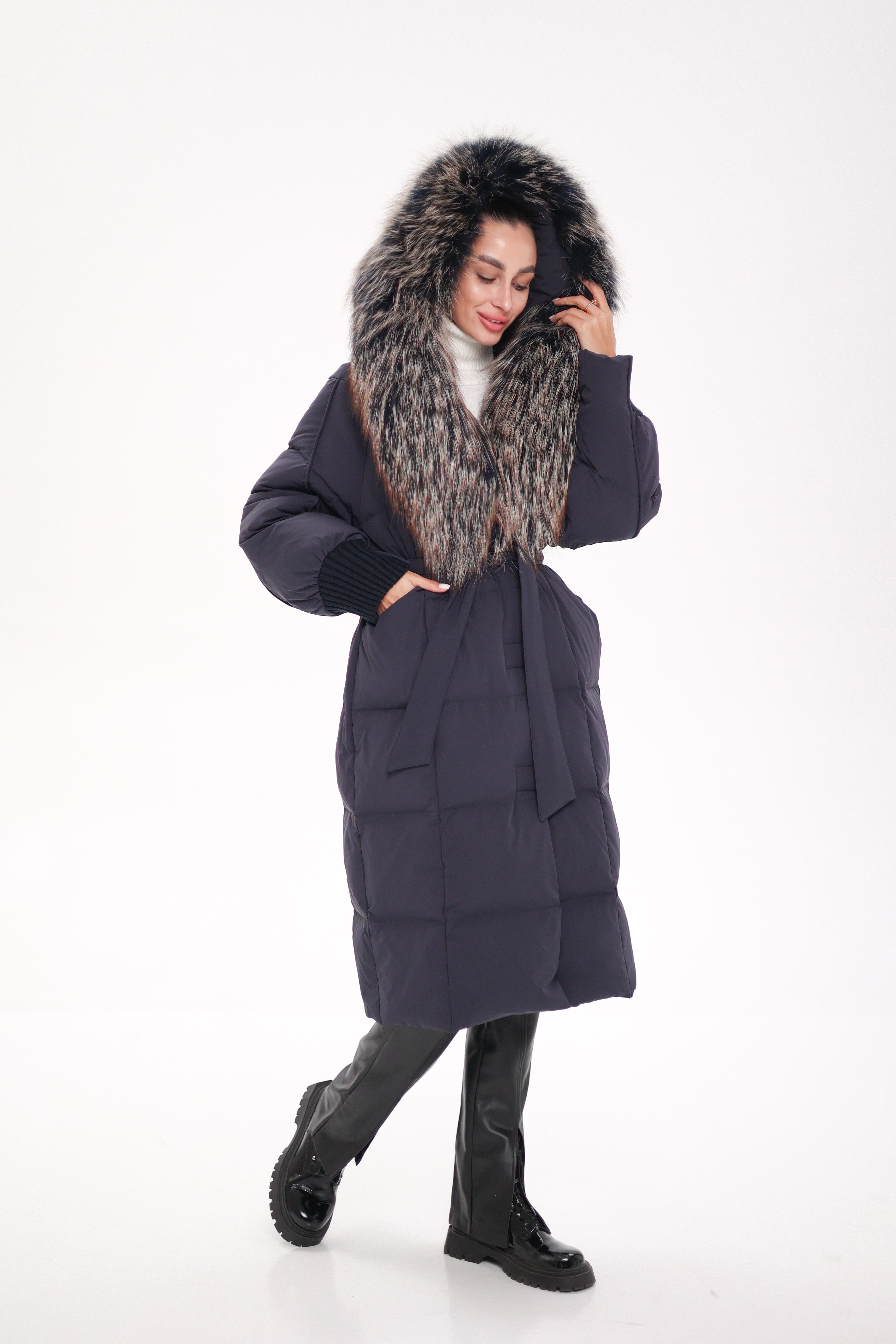 Rei Genuine Fur Trim Hooded Down Coat in Navy - SJB-DIAMOND ELITES