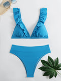 V-neck Ruffled High-waist Bikini Sets Swimsuit Womens Ruffle Flounce Triangle Bathing Suits Cute Two Piece Swimsuits Women Solid Brown Two Pieces Swimwear New Beach Bathing Suits Stevvex