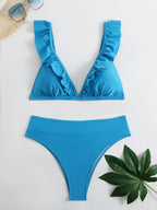 V-neck Ruffled High-waist Bikini Sets Swimsuit Womens Ruffle Flounce Triangle Bathing Suits Cute Two Piece Swimsuits Women Solid Brown Two Pieces Swimwear New Beach Bathing Suits Stevvex