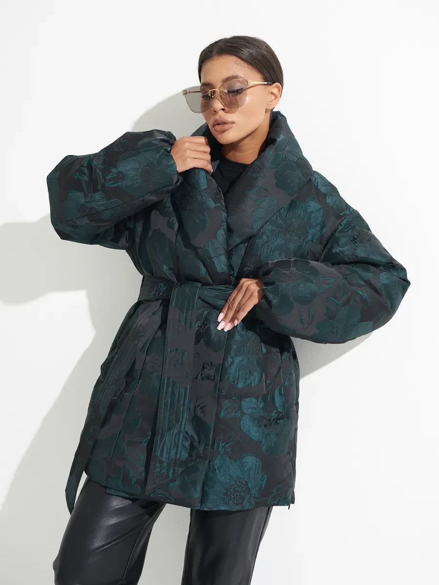 Monochrome Jacquard Down Coat in Vintage Emerald - SJB-DIAMOND ELITES