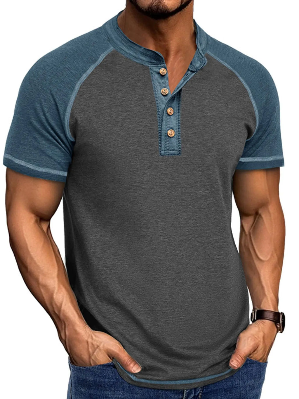 Men's Raglan Henley Color Block T-Shirt