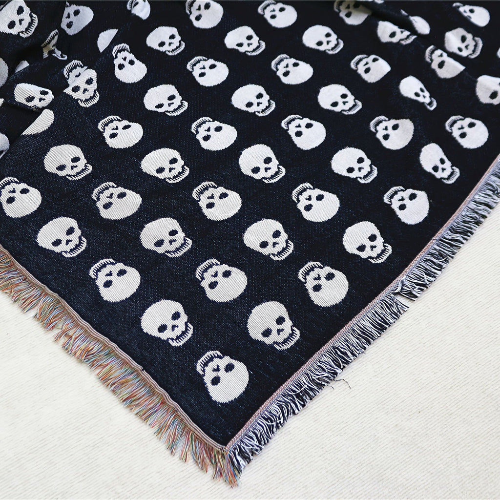 Bohemian Knitted Halloween White Skull Head Printed Tassel Blanket, Suitable For Camping, Casual Picnic Lootquake LLC