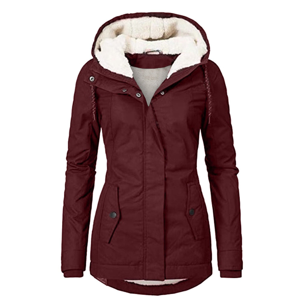 Winter Hooded Jacket Solid Color Warm Buckle Zip-up Fleece Jacket With Pockets Women's Casual Jacket Pi-Mart
