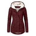 Winter Hooded Jacket Solid Color Warm Buckle Zip-up Fleece Jacket With Pockets Women's Casual Jacket Pi-Mart
