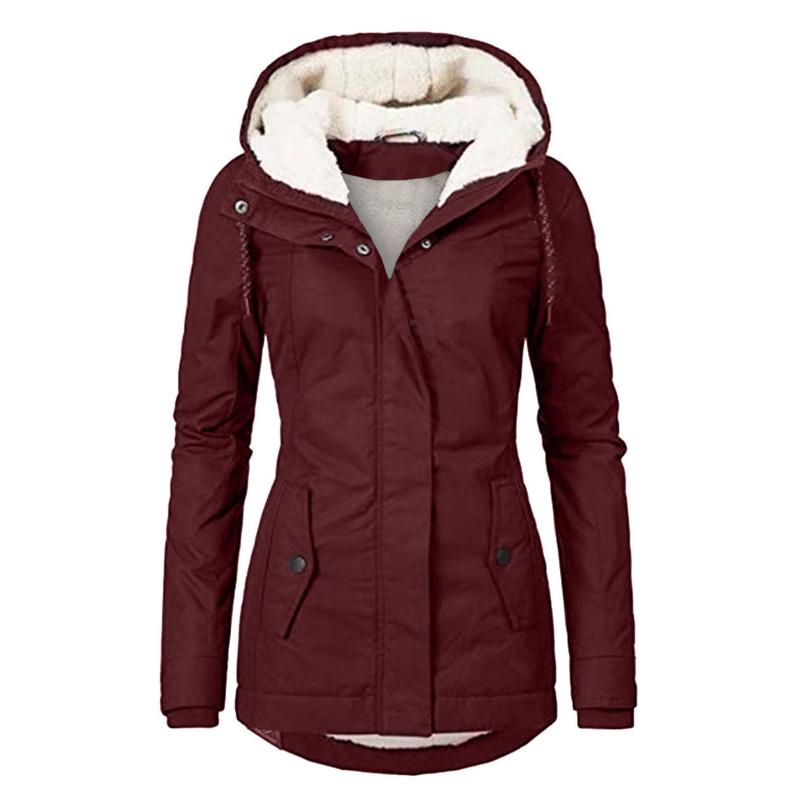 Winter Hooded Jacket Solid Color Warm Buckle Zip-up Fleece Jacket With Pockets Women's Casual Jacket Pi-Mart