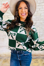 Blackish Green Bow Print Checkered Knit Sweater