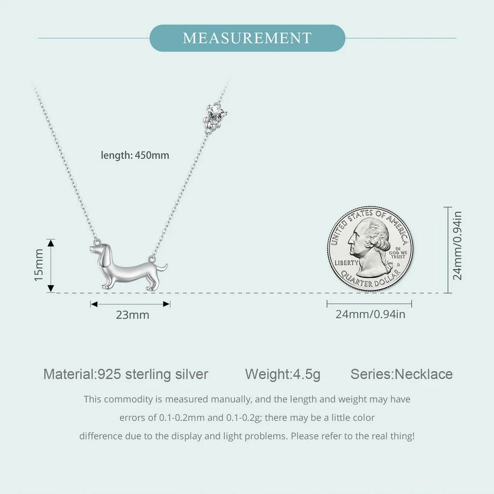 Sterling Silver Ornament S925 White Gold Plated Cute Sausage Dog Necklace Pi-Mart