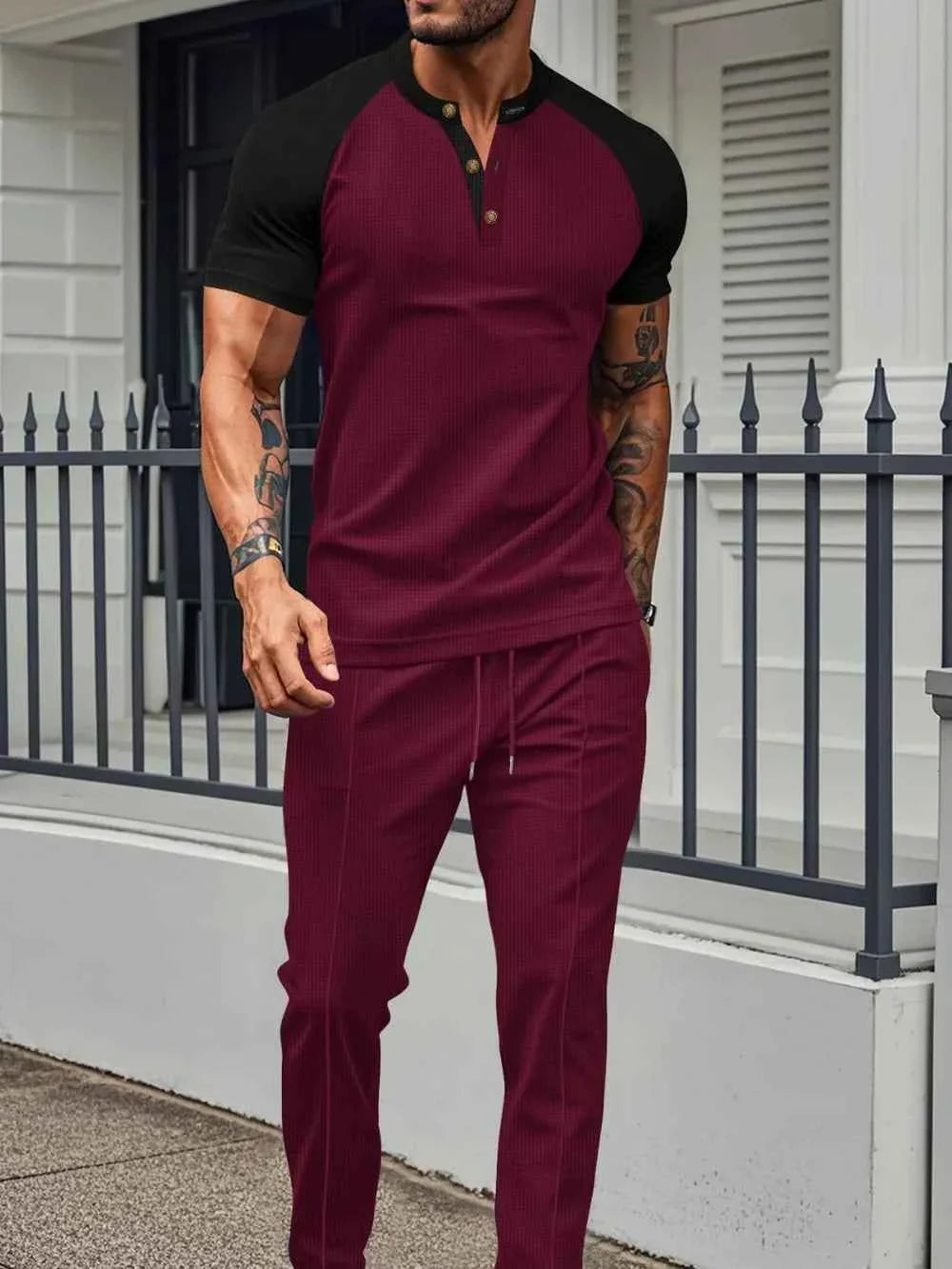 Men's Plus Waffle Knit Set: Cozy Contrast Comfort THRIXINE