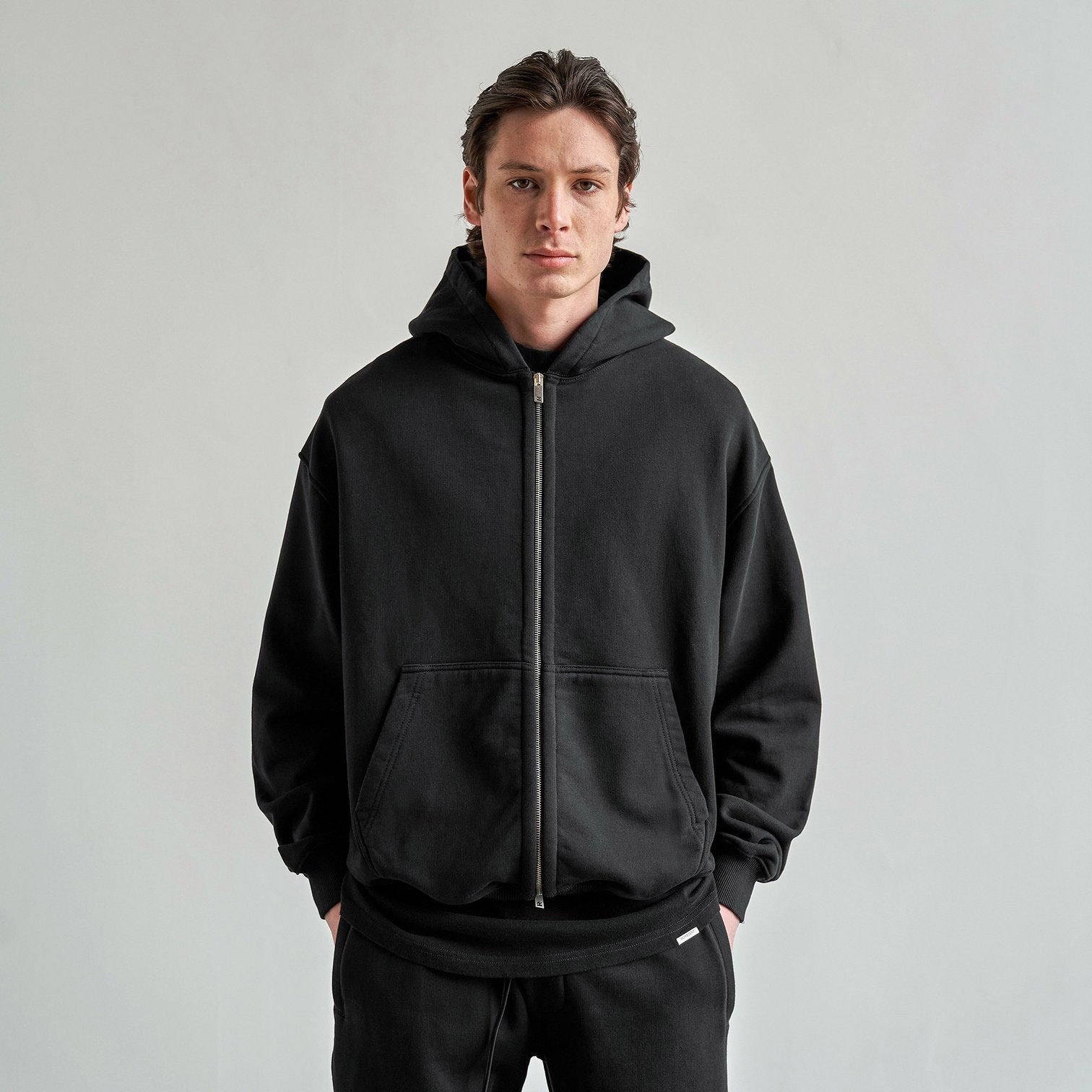 Men's Solid Color Double Zip Hoodie Pi-Mart