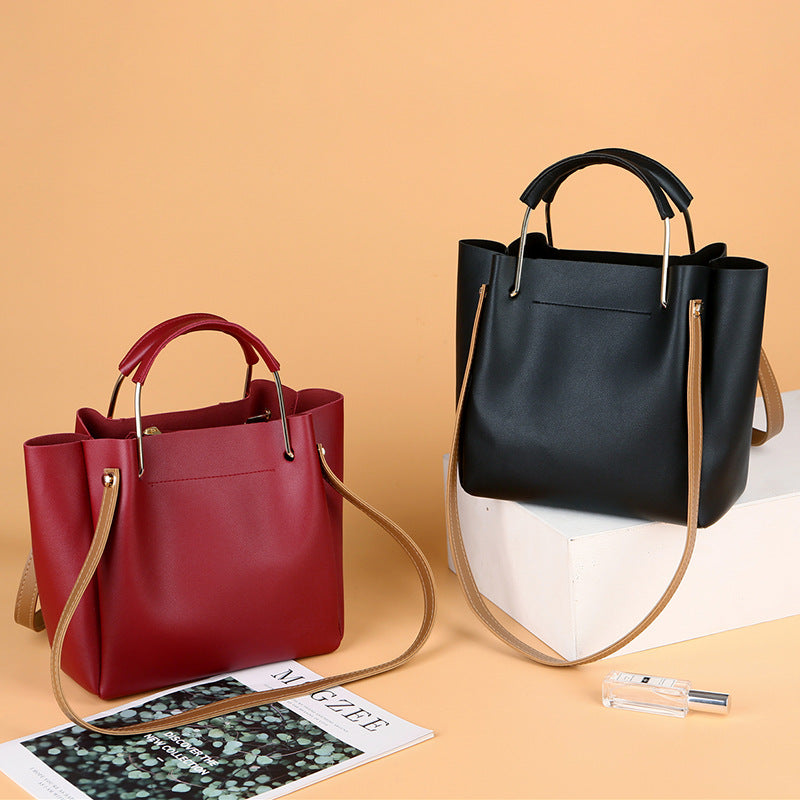 Bag Women Summer New Korean Pure Color Women's Handbag Metal Handle Leisure Shoulder Bag Women's Bag Pi-Mart