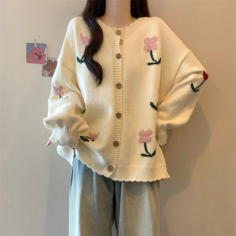Idle Style Loose Youthful-looking Embroidered Flower Knitted Cardigan Sweater Pi-Mart