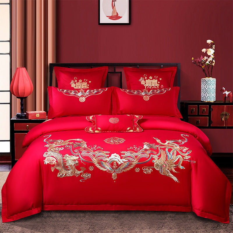 Red Wedding Four-piece Set Wholesale Cotton Wedding Embroidery Bedding Pure Cotton Marriage Bed Xi Quilt Cover Dragon And Phoenix Pi-Mart