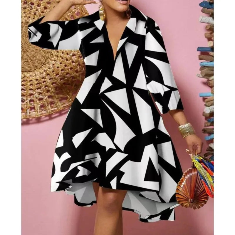 Women Sexy Fashion Printed Shirt Dresses Chic V Neck Loose Long Sleeve Dress Causal Vacation Female Mini Vestidos Robe Clothing Purplish Diva