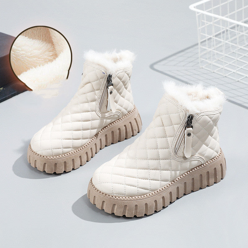 Women's Plaid Pattern Platform Ankle Boots Casual Side Zipper Plush Lined Snow Boots Winter Comfortable Short Boots Pi-Mart