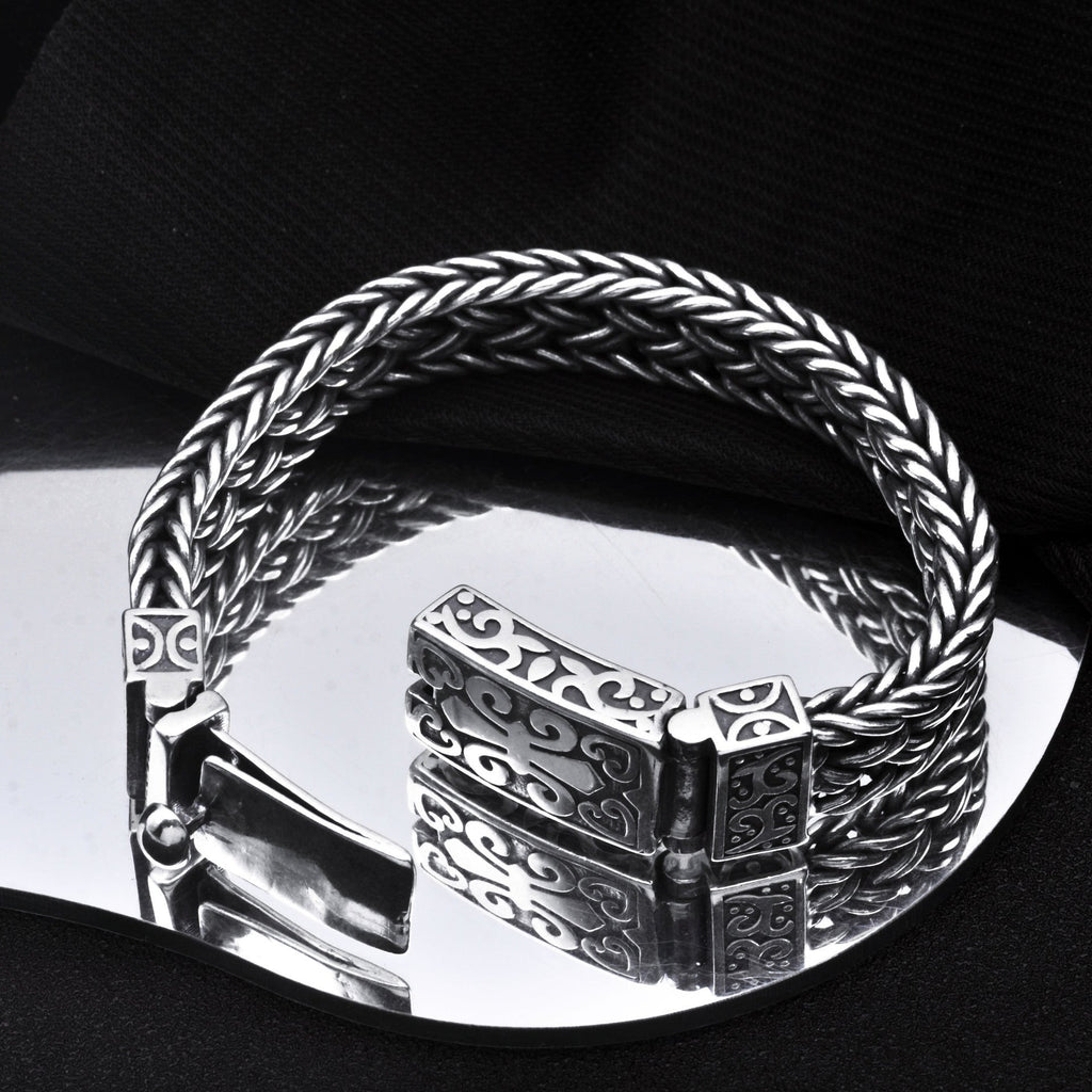 S925 Silver Wide Version Braided Bracelet Men's Thick Generous Ring Buckle Interlock Bracelet Pi-Mart