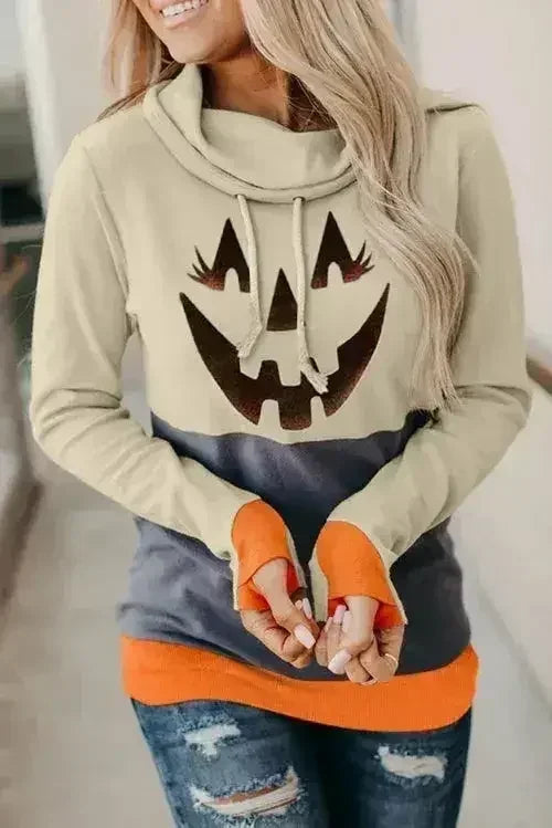 Gray Cowl Neck Pumpkin Print Color Block Halloween Sweatshirt - SJB-DIAMOND ELITES