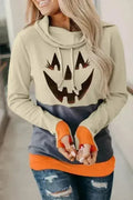 Gray Cowl Neck Pumpkin Print Color Block Halloween Sweatshirt - SJB-DIAMOND ELITES